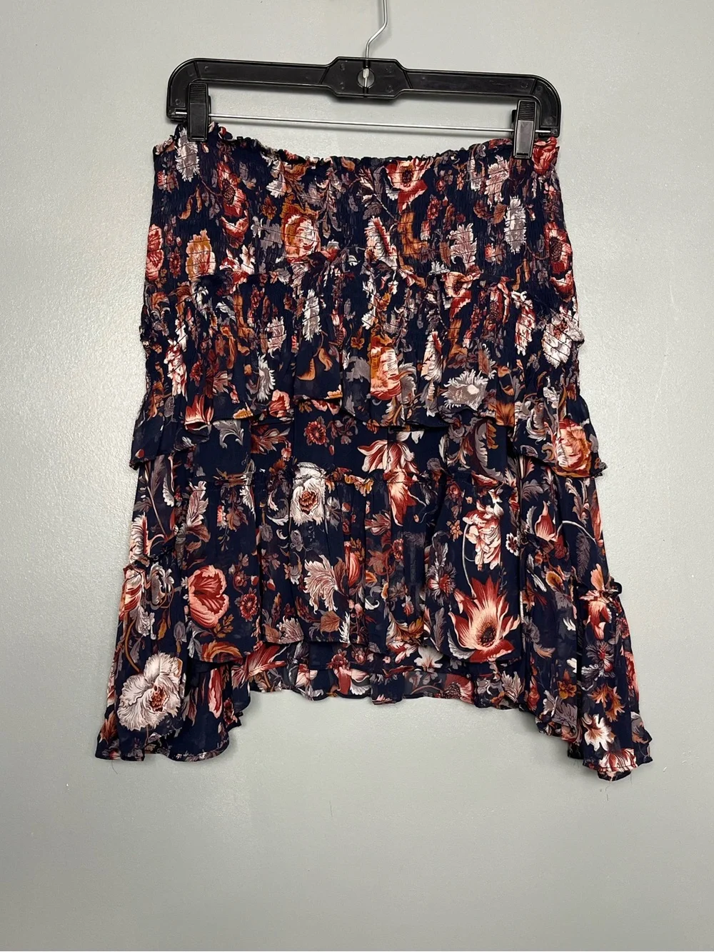 Anthropologie Asymmetrical Smocked Mini Skirt Ruffle Tier Floral Women’s Size S